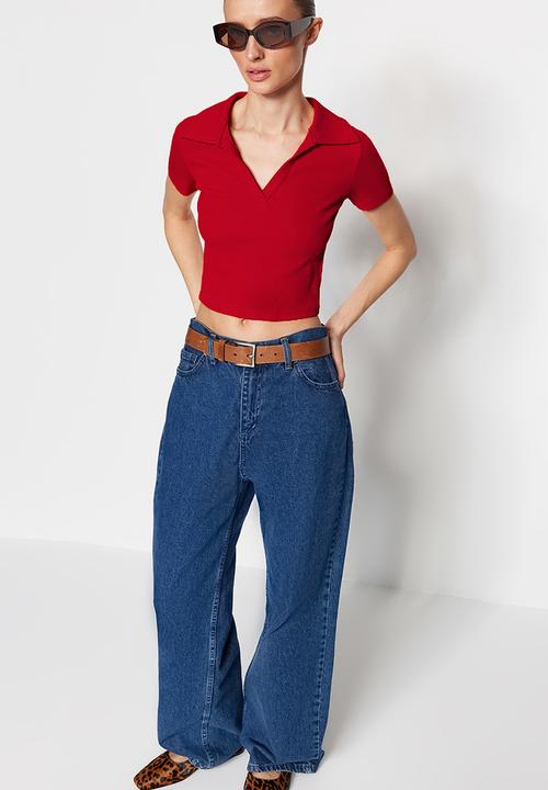 Trendyol - Fitted/situated crop polo neck ribbed stretch knit blouse - orange