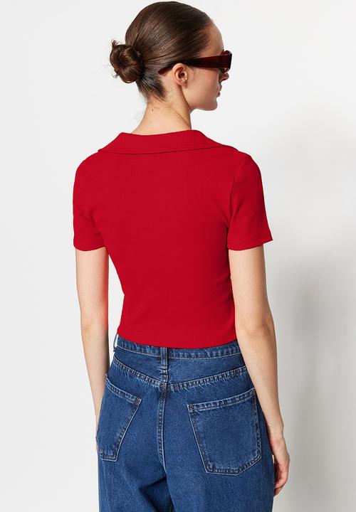 Trendyol - Fitted/situated crop polo neck ribbed stretch knit blouse - orange