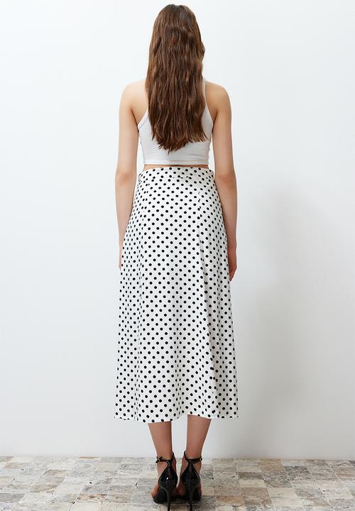 Trendyol - Polka Dot Slit Detail Viscose Midi Woven Skirt - Ecru
