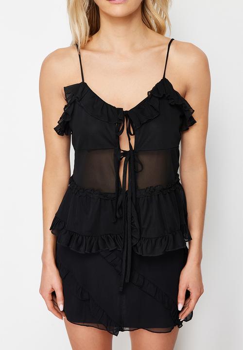 Trendyol - Tulle Lacing Detailed Strappy Flexible Knitted Blouse - Black