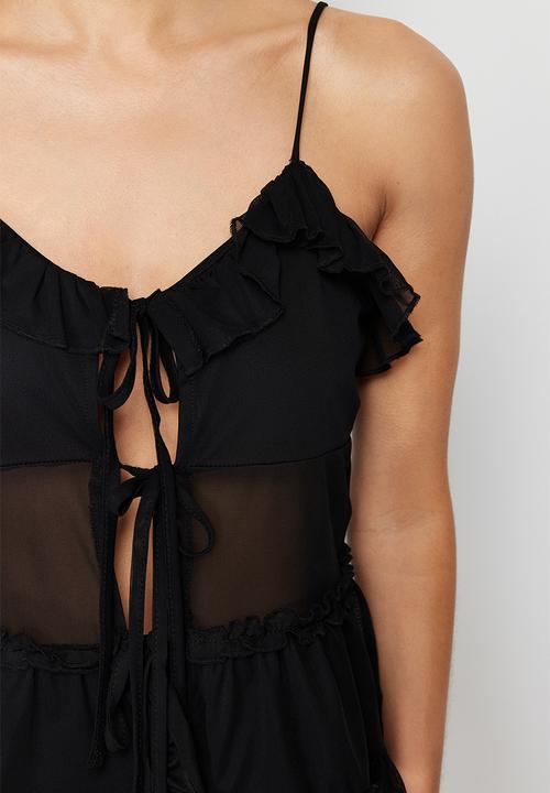 Trendyol - Tulle Lacing Detailed Strappy Flexible Knitted Blouse - Black