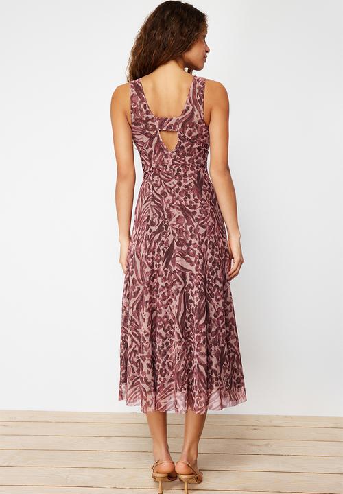 Trendyol - Floral Leopard Printed V-Neck Tulle Knitted Dress - Brown