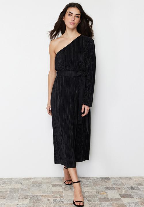 Trendyol - Belted Midi Single Sleeve Flexible Knitted Midi Pencil Dress - Black
