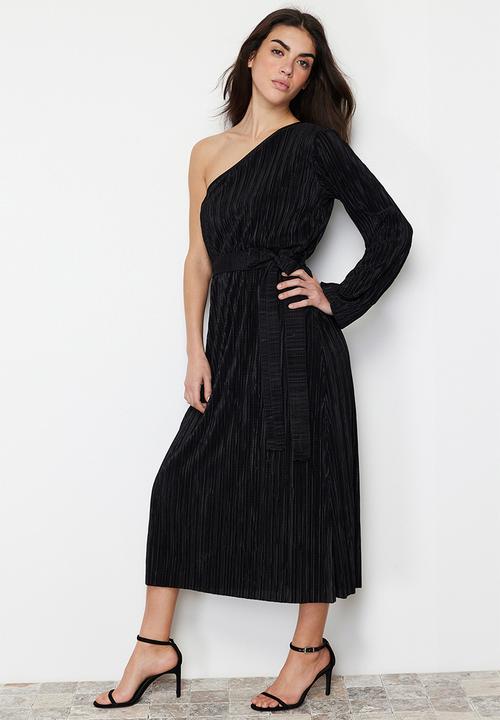 Trendyol - Belted Midi Single Sleeve Flexible Knitted Midi Pencil Dress - Black
