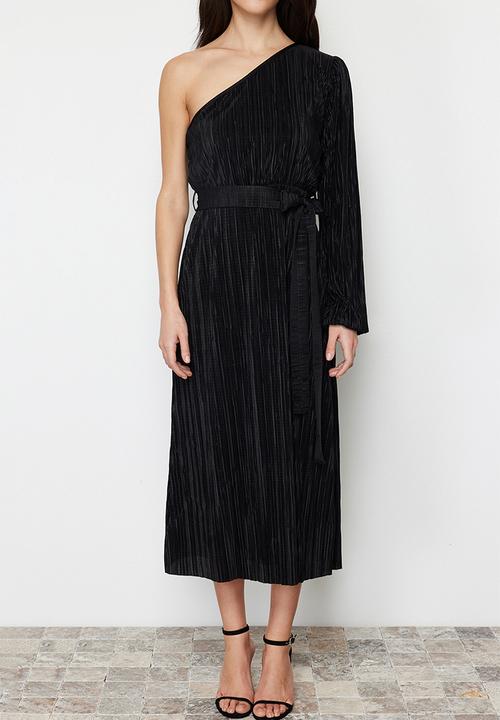 Trendyol - Belted Midi Single Sleeve Flexible Knitted Midi Pencil Dress - Black