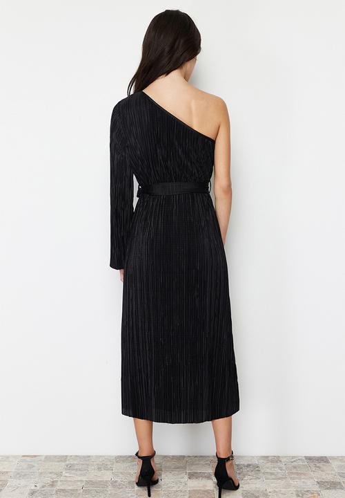 Trendyol - Belted Midi Single Sleeve Flexible Knitted Midi Pencil Dress - Black