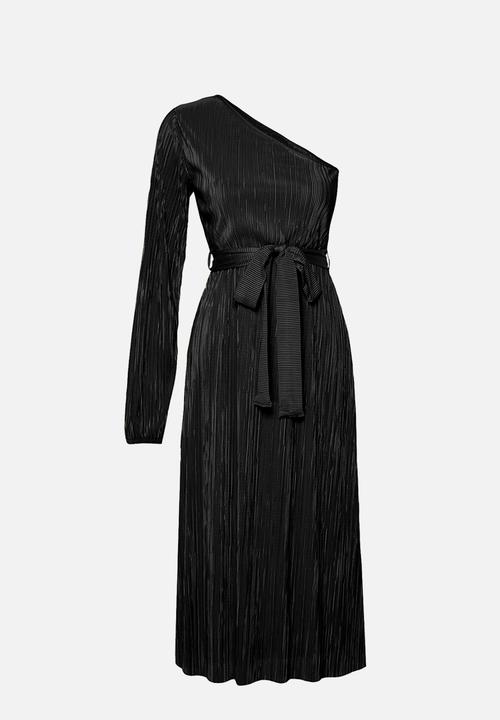 Trendyol - Belted Midi Single Sleeve Flexible Knitted Midi Pencil Dress - Black