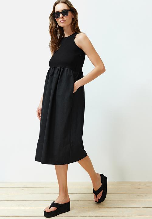 Trendyol - Waist Open Fabric Mixed Midi Woven Dress - Black