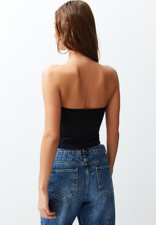 Trendyol - Zippered asymmetric strapless crop knitted blouse - black