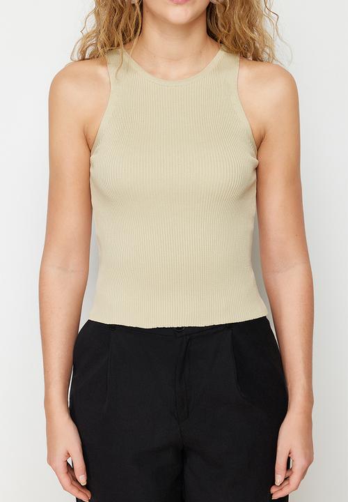 Trendyol - Ribbed Knit Blouse - Stone