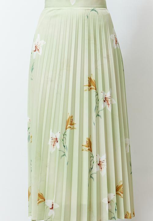 Trendyol - Floral Pattern Pleated Satin Fabric Maxi Length Woven Skirt - Green