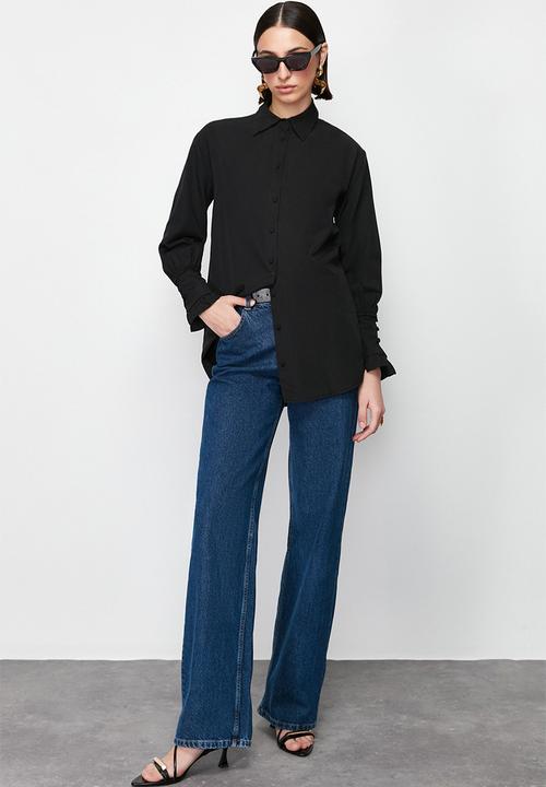 Trendyol - Ruffle Detail Cotton Woven Shirt - Black