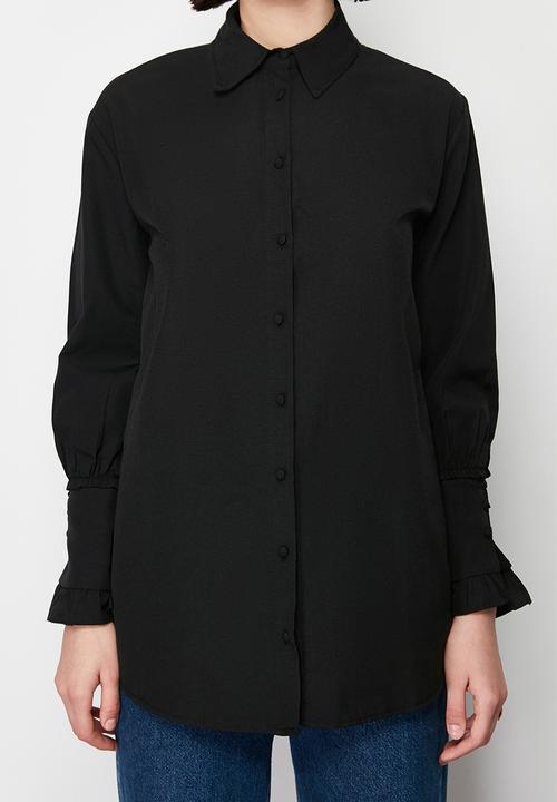 Trendyol - Ruffle Detail Cotton Woven Shirt - Black