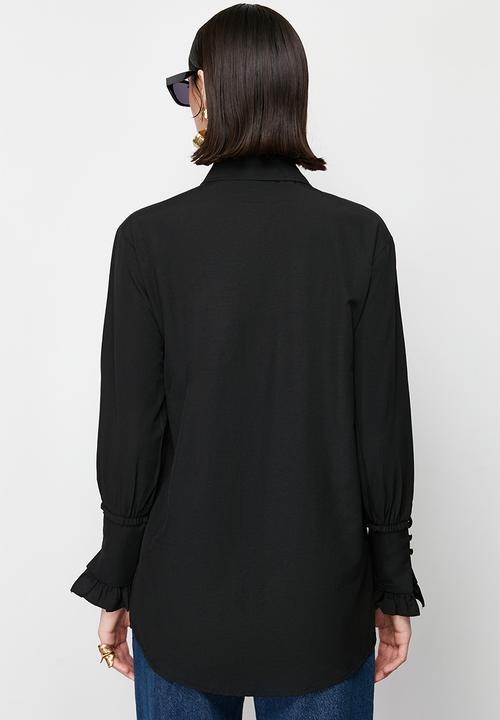 Trendyol - Ruffle Detail Cotton Woven Shirt - Black