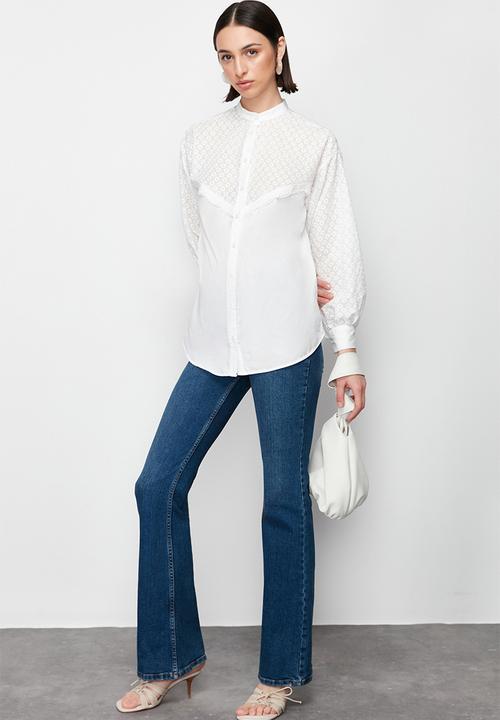 Trendyol - Brode Lace Detail Cotton Woven Shirt - Ecru