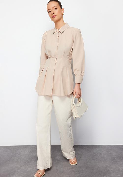 Trendyol - Waist fitted pearl detailed woven shirt - stone