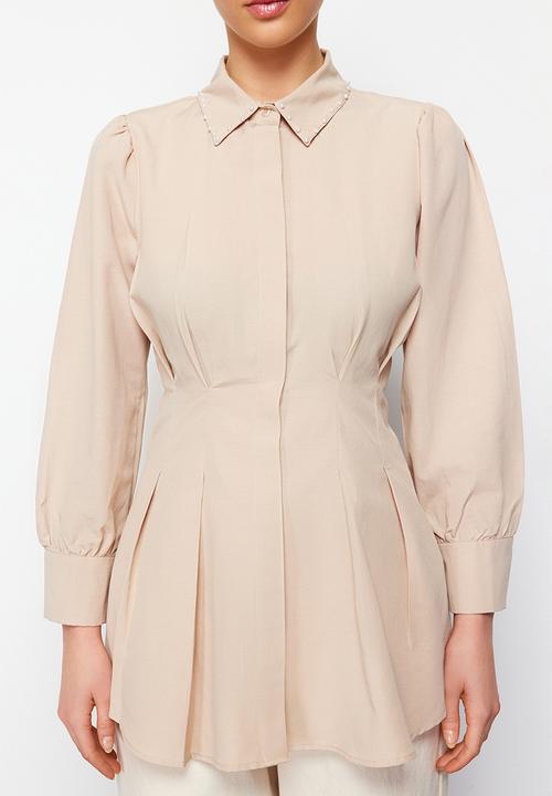 Trendyol - Waist fitted pearl detailed woven shirt - stone