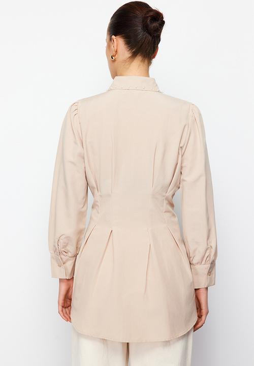 Trendyol - Waist fitted pearl detailed woven shirt - stone