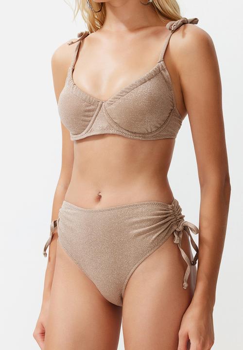 Trendyol - Balconette Tie Silvery High Waist Hipster Bikini Set - Mink