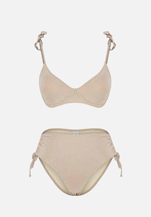 Trendyol - Balconette Tie Silvery High Waist Hipster Bikini Set - Mink