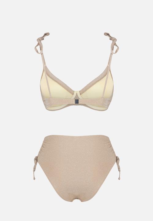 Trendyol - Balconette Tie Silvery High Waist Hipster Bikini Set - Mink