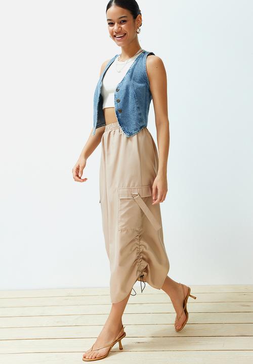 Trendyol - Pocket Cargo Detailed Midi Length Skirt - Beige