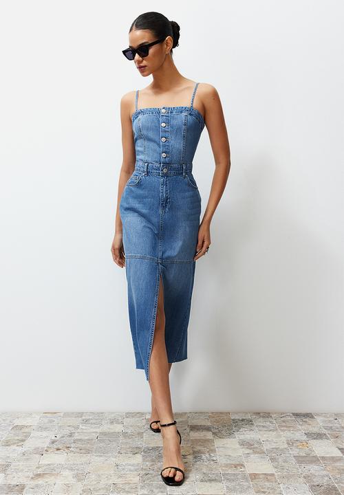 Trendyol - Strappy Denim Maxi Dress - Blue