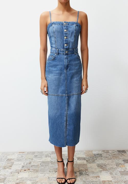 Trendyol - Strappy Denim Maxi Dress - Blue