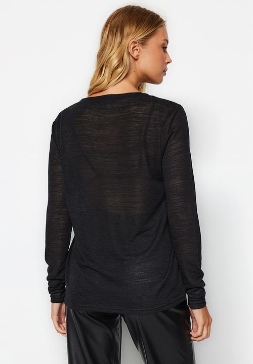 Trendyol - V-neck Linen Look Long Sleeve Regular Fit Knitted Blouse - Black