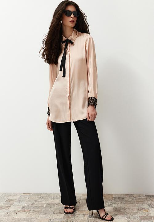 Trendyol - Collar Bow and Lace Detailed Satin Woven Shirt - Beige