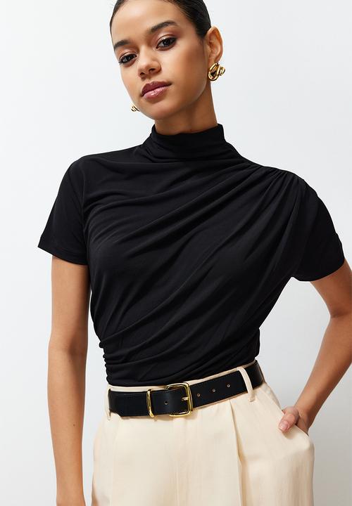 Trendyol - Shirring/Drape Detailed Fitted Stand Collar Stretch Knitted Blouse - Black