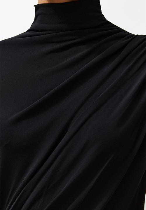 Trendyol - Shirring/Drape Detailed Fitted Stand Collar Stretch Knitted Blouse - Black