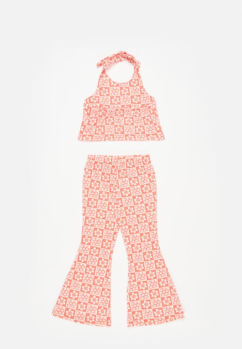 Pop Candy - Halter neck top and pants set - orange & white