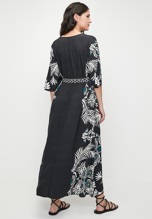 edit - Printed kaftan maxi dress with ties - black teal engineered wreath