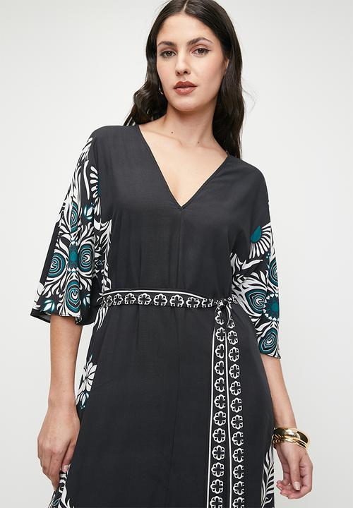 edit - Printed kaftan maxi dress with ties - black teal engineered wreath