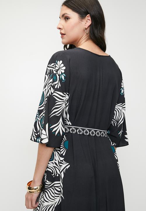 edit - Printed kaftan maxi dress with ties - black teal engineered wreath