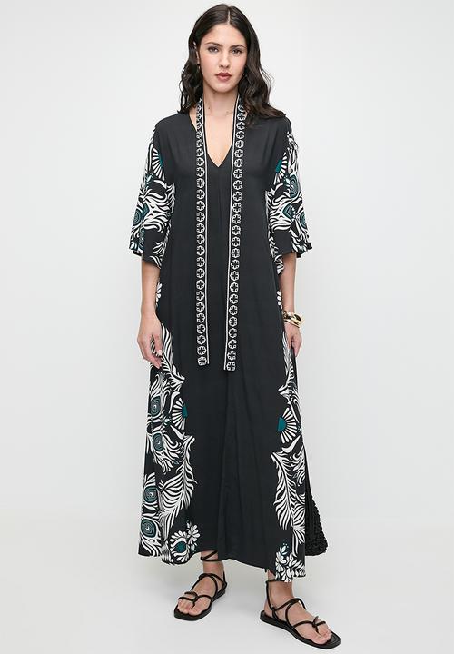edit - Printed kaftan maxi dress with ties - black teal engineered wreath