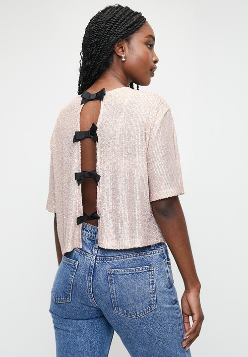 MILLA - Sequin T-shirt top-back bow - pink nude