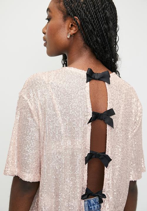 MILLA - Sequin T-shirt top-back bow - pink nude