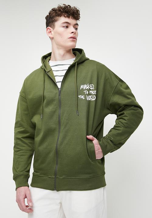 Superbalist - Relaxed Fit Print Zip Thru Hoodie - Olive
