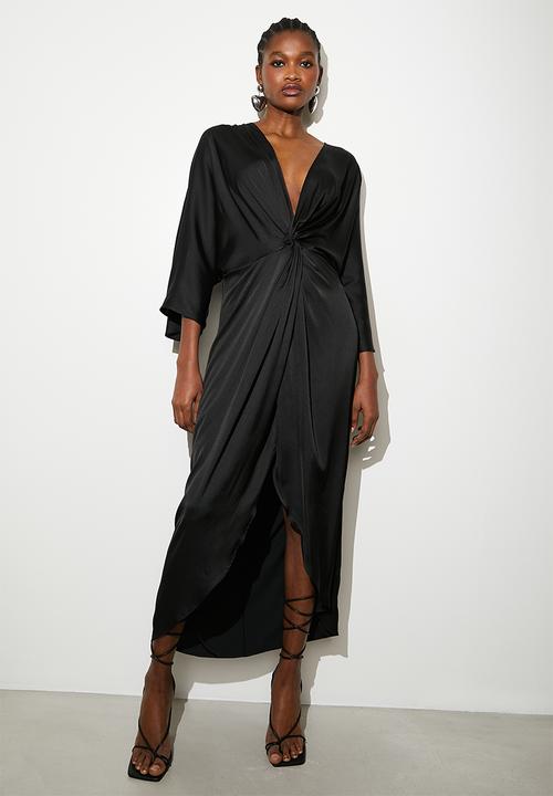 Satin knot front midi dress - black