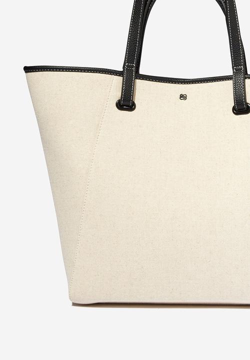 Rubi - Pia shopper tote bag - black pu & natural canvas