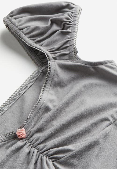 H&M - Picot-trimmed puff-sleeved top - grey