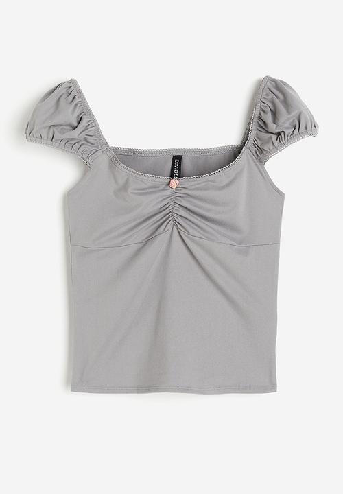 H&M - Picot-trimmed puff-sleeved top - grey