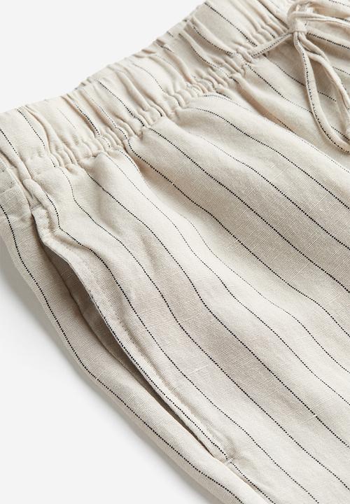 H&M - Linen-blend pull-on trousers - light beige/pinstriped