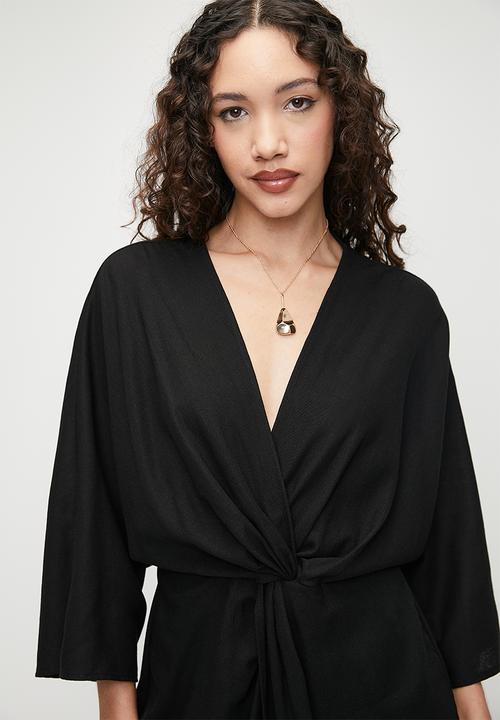 Superbalist - Linen blend knot wrap mini dress - black