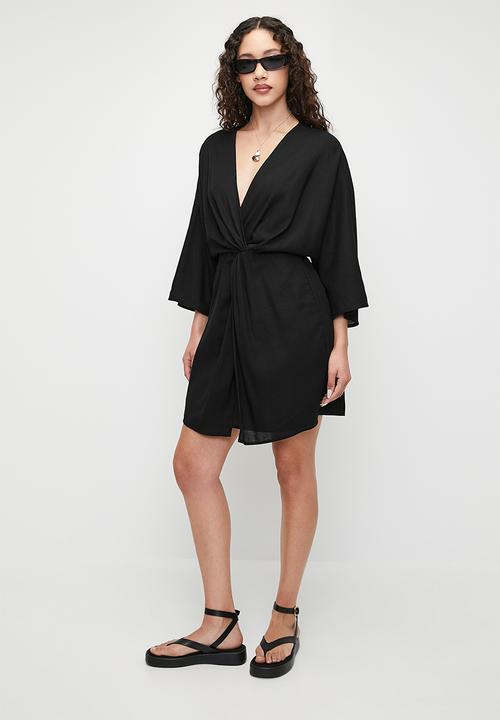 Superbalist - Linen blend knot wrap mini dress - black