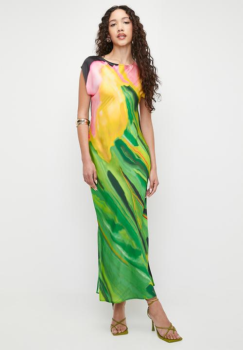 Superbalist - Printed slash neck satin slip midi tee dress - painted floral border