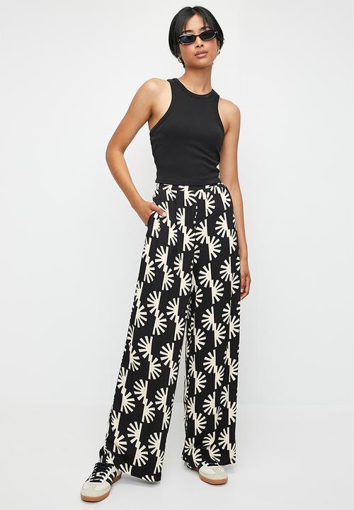 Me&B - Easy Elasticated Wide Leg Pants In Sun Stripe - Black & Beige 
