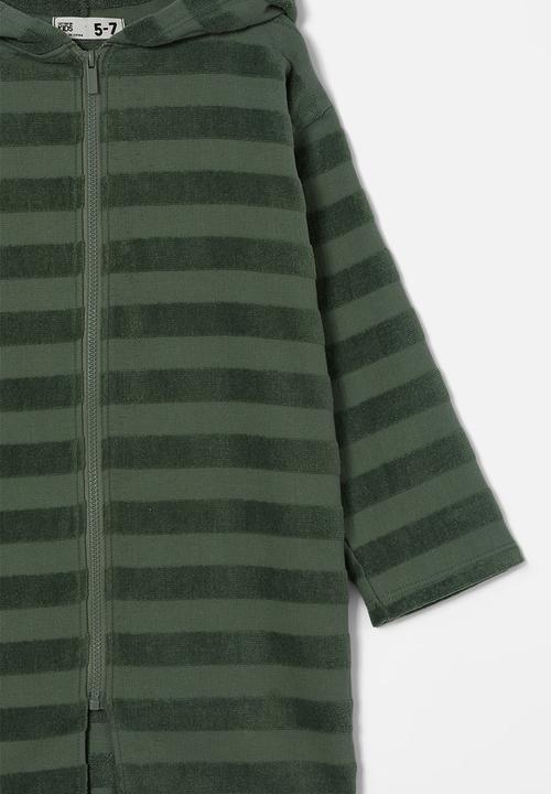 Cotton On - Kids zip thru hooded towel - swag green/jacquard stripe